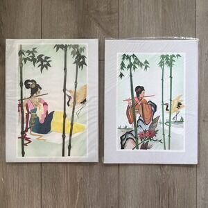 Hand Cut Dyed Stalk On Silk‎ Wall Art w/Geisha and Crane Bird, Pkg Never Opened